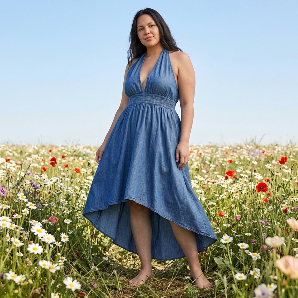 Love, Fire Blue Chambray Halter V-Neck Smocked Hi-Low Dress Women's M